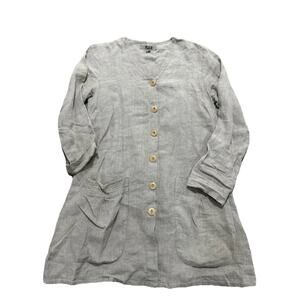 Flax Womens P Petite Linen Button Front Long Sleeve Tunic Blouse Pockets Tan